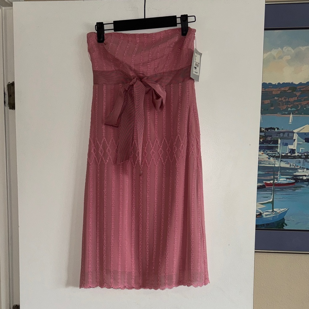 Tocca Rose-Pink Strapless Midi Dress with Waisted Bow